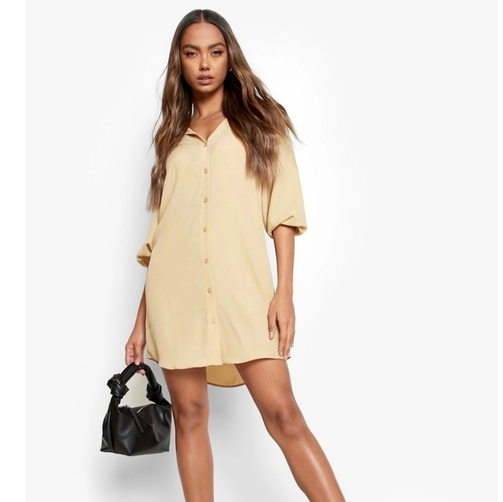 Boohoo Puff Sleeve Shirt Dress Size 4 Beige